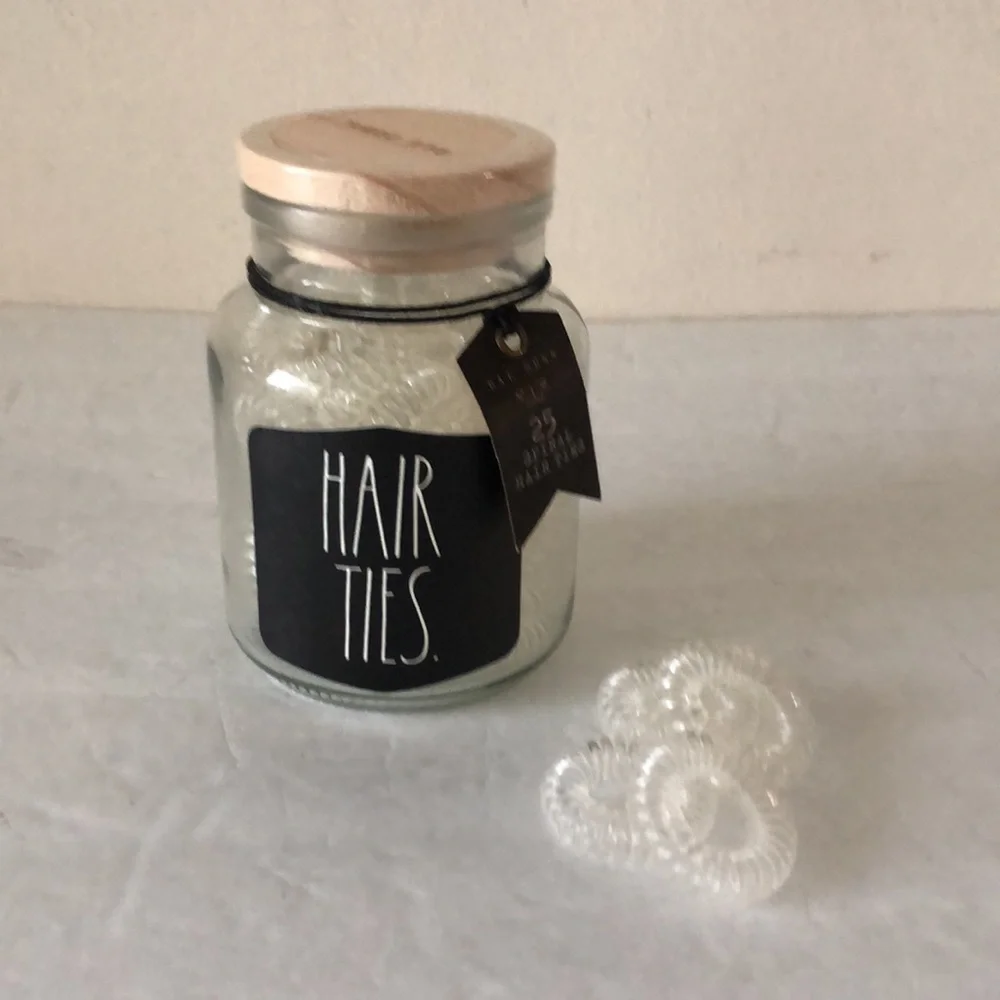 RAE DUNN  Small Glass Jar With 25 Clear Spiral Hair Ties